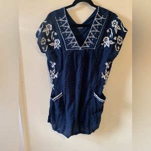 Navy Mini Dress with White Floral Embroidery. Lucky Brand. Size Large.